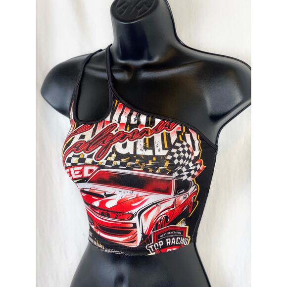 New Medium Red Grunge Motorsport Graphic Racing Car Crop One shoulder Strappy - Picture 4 of 9